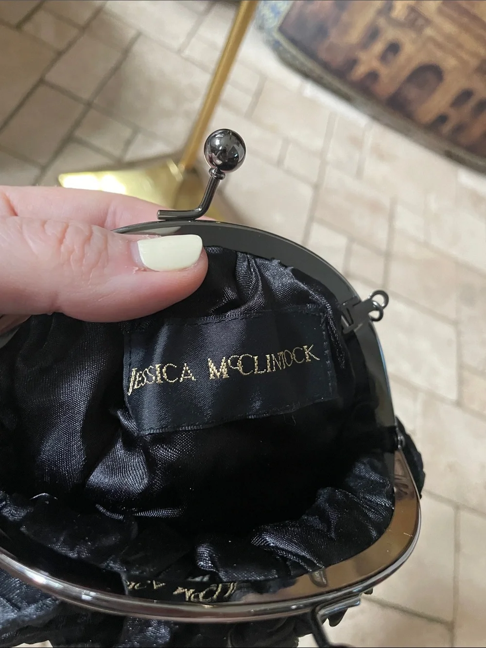 Jessica McClintock Black Satin Pleated Evening Clutch with Chain Kiss Lock